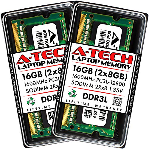 Product Cover A-Tech 16GB Kit (8GB x2) DDR3 / DDR3L 1600 MHz SODIMM PC3-12800 2Rx8 1.35V/1.5V CL11 204 Pin Non-ECC Unbuffered PC3L-12800 Low Voltage Notebook Laptop RAM Memory Upgrade Modules