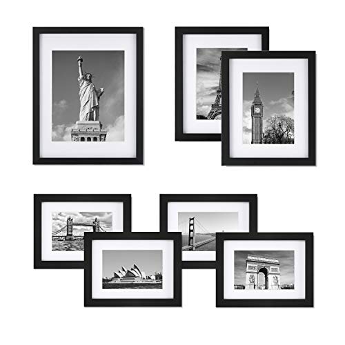 Product Cover ONE WALL Tempered Glass Picture Frame Set of 7, Multi Pack Black Photo Frames for Wall or Tabletop Display, Gallery Wall Art Kit 1pcs 11x14, 2pcs 8x10, 4pcs 6x8 with Mats - Mounting Hardware Included
