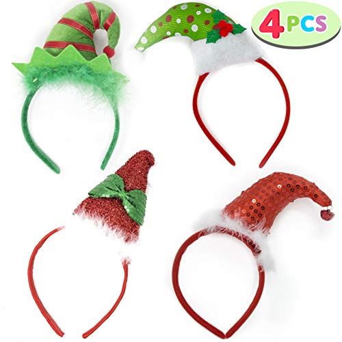 Product Cover Pack of 4 Christmas Headbands with 4 3D Hat Designs for Christmas and Holiday Parties (ONE SIZE FIT ALL)