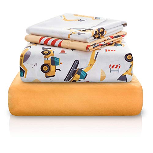Product Cover Chital Twin Bed Sheets for Boys | 4 Pc Kids Bedding Set | Construction & Tractor Print | Durable Super-Soft, Double-Brushed Microfiber | 1 Flat & 1 Fitted Sheet, 2 Pillow Cases | 15