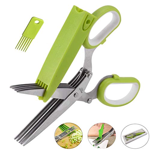 Product Cover Herb Scissors by Highgradelife - Stainless Steel 5 Blades Multipurpose Kitchen Shears with Safety Cover and Cleaning Comb - Cutter/Chopper / Mincer for Herbs - Kitchen Gadget