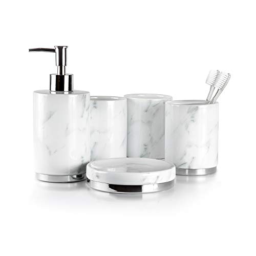 Product Cover Willow&Ivory Bathroom Accessories Set | 5 Piece, Ceramic Bath Set | Toothbrush Holder, Soap Dispenser, Soap Dish, 2 Tumblers | Marble Collection