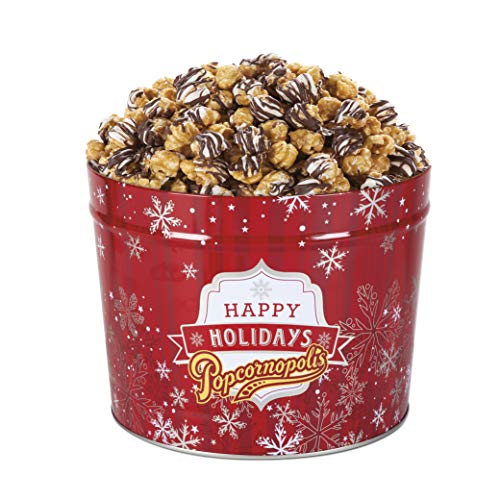 Product Cover Popcornopolis Gourmet Popcorn 1.26 Gallon Tin with Zebra Popcorn, Red Christmas Tin with Silver Snowflakes