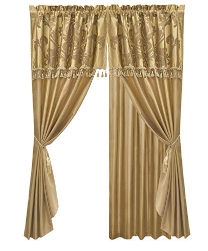 Product Cover Chezmoi Collection Royale 4-Piece Jacquard Floral Window Curtain/Drape Set Sheer Backing Tassels Valance, Gold
