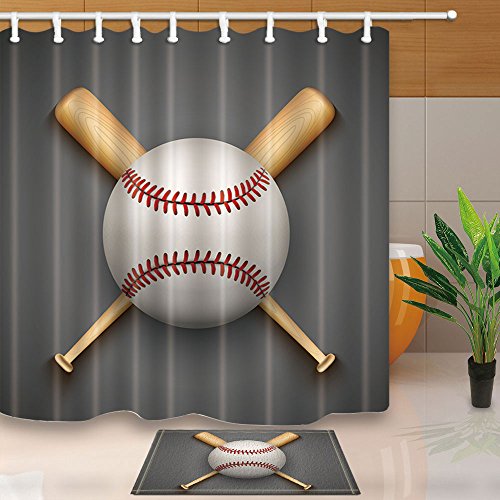 Product Cover NYMB Sports Decor Shower Curtain for Bathroom, Baseball Leather Ball and Wooden Bats, 69X70in Polyester Fabric Curtains Set with 15.7x23.6in Flannel Non-Slip Floor Doormat Entrance Mats