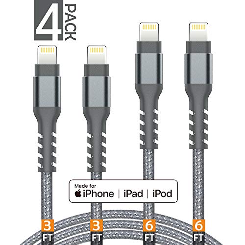 Product Cover AHGEIIY iPhone Charger Cable,MFi Certified Lightning Cable- 4Pack [2x3FT 2x6FT] Nylon Braided Fast Charging Cable Compatible iPhone X, 8,7,6,6s Plus, 8, 7, 6, 6s, iPad,iPod and More - Grey