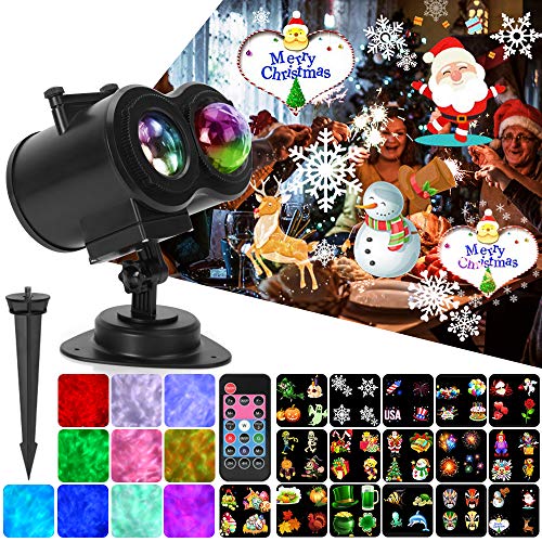 Product Cover Ocean Wave Christmas Projector Lights, Remote Control 2-in-1 Moving Patterns W/Water Wave LED Landscape Holiday Night Lights Waterproof Outdoor Indoor Xmas Party Yard Garden Decorations, 16 Slides