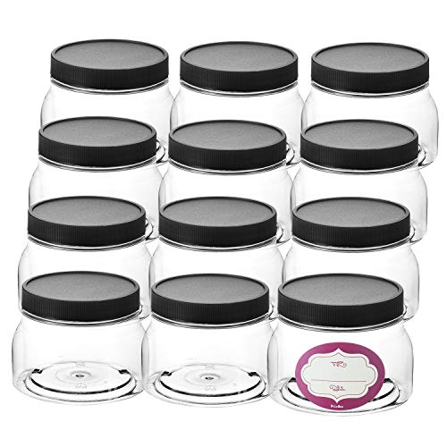 Product Cover 12 Pack - 8 Ounce Empty Clear Plastic Jars with Lids and Labels - Refillable Round Low Profile Containers for Cosmetics, Lotions, Butters, Body/sugar scrubs & other Beauty Products - BPA Free