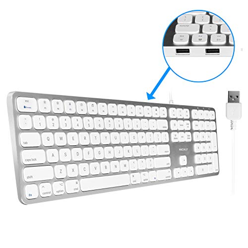 Product Cover Macally Mac Keyboard Full-Size & Number Keypad (Metal Frame) 2 USB Ports Hub & Wired USB Cable - Apple Computer Keyboards for Mac, Pro, MacBook, Pro, Air Laptops (Silver Aluminum) MLUXKEYA