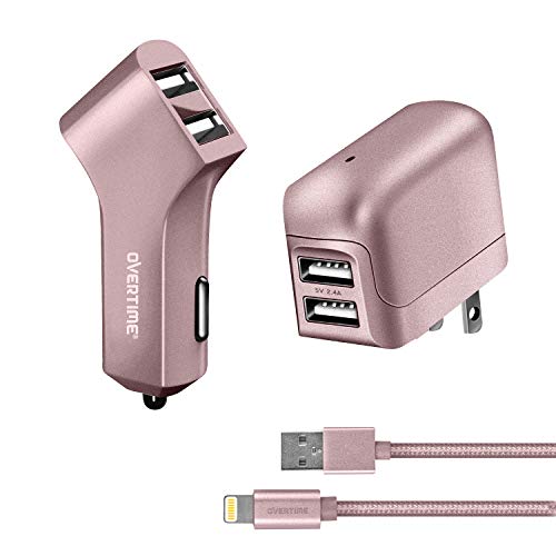 Product Cover iPhone Charger, Overtime Apple MFi Certified 6ft Braided Lightning USB Cable with Dual Port Wall & Car Charger Adapter for iPhone 11 Pro Max X Xs XR 8 7 6s 5 SE, iPad Pro Air Mini - Rose Gold