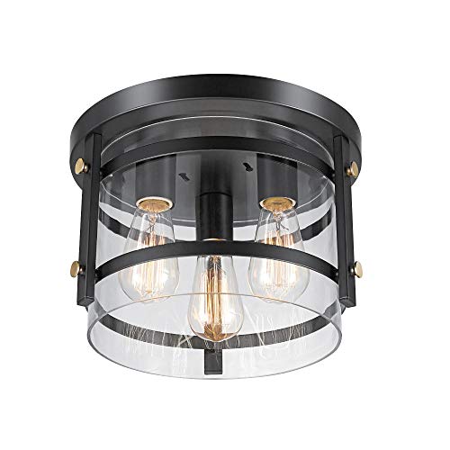 Product Cover Globe Electric 60417 Wexford 3-Light Flush Mount Ceiling Light, Dark Bronze, Brass Detail, Clear Glass