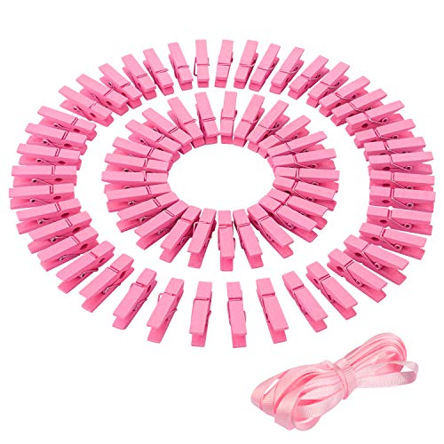 Product Cover Whaline Mini Pink Clothespins 100 Pieces Baby Shower Clothes Pins Small Wooden Clothespin with Pink Rope for Girl Party Favors and DIY Baby Girl Gender Reveal Parties
