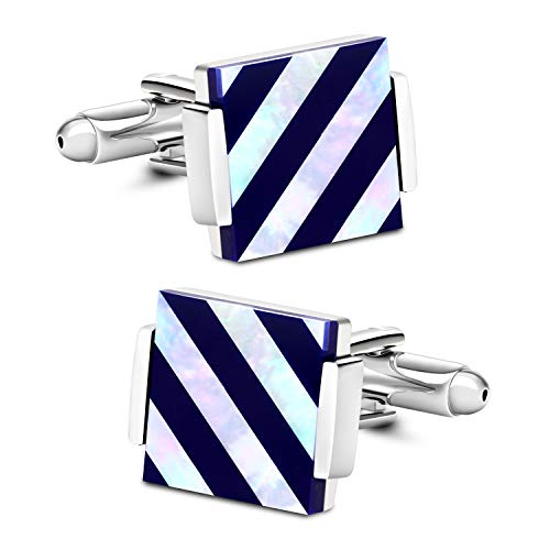 Product Cover VIILOCK Mother of Pearl Cuff-Links Onyx Stripe Tuxedo Cufflinks in a Gift Bag Wedding Gift for Men (Blue and Silver)