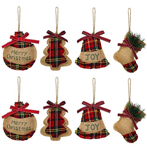 Product Cover YOSICHY Rustic Christmas Tree Ornaments Stocking Decorations Burlap Country Christmas Stocking Ball Tree Bell with Trendy Red and Green Plaid Tartan for Holiday Party Decor-8PCS