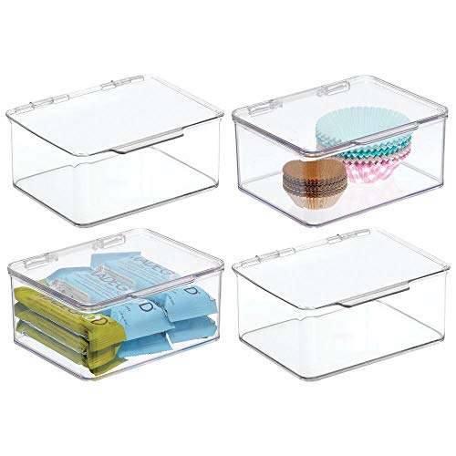 Product Cover mDesign Plastic Stackable Kitchen Pantry Cabinet/Refrigerator Food Storage Container Bin, Attached Lid - Organizer for Coffee, Tea, Packets, Snack Bars - BPA Free, Food Safe - Small, 4 Pack - Clear