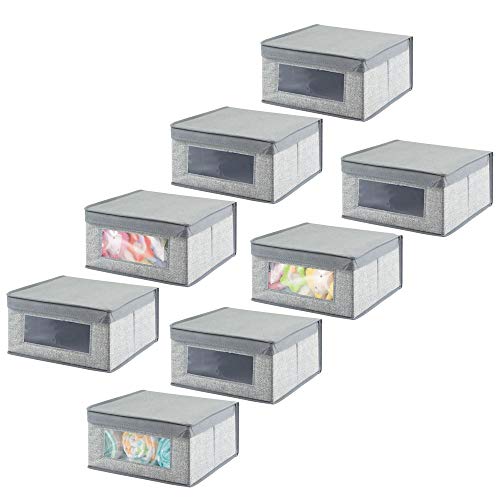 Product Cover mDesign Soft Stackable Fabric Closet Storage Organizer Holder Box - Clear Window, Attached Lid, for Child/Kids Room, Nursery - Textured Print - Small, 8 Pack - Gray