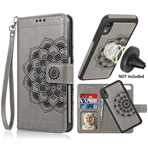 Product Cover iPhone XR Case, iPhone XR Wallet Case with Detachable Slim Case, Card Solts Holder, Fit Car Mount,CASEOWL Mandala Flower Floral Embossed Vegan Leather Flip Lanyard Wallet Case for iPhone XR-Gray
