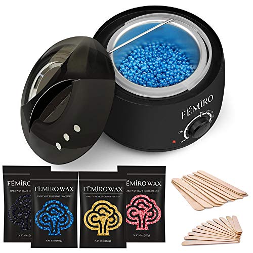 Product Cover Wax Warmer, Femiro Hair Removal Home Waxing Kit with 4 Flavors Stripless Hard Wax Beans（14.1oz）20 Wax Applicator Sticks for Full Body, Legs, Face, Eyebrows, Bikini Women Men Painless At Home Waxing