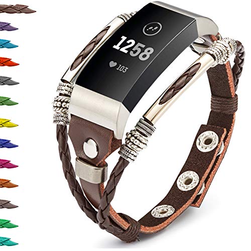 Product Cover Compatible for Fitbit Charge 3 Bands for Women, Marval.P Handmade Leather Charge 3 SE Band, Replacement Unique Bracelet Strap, Wristbands with Adjustable Size, Fashion Wrist Band Straps Lover