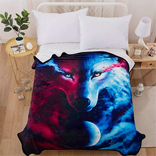 Product Cover WONGS BEDDING Soft Wolf Blanket 3D Animal Star Wolf Pattern Printed White Fleece Blanket for Kids Boys Adults Lightweight Warm Reversible Throw Blanket for Couch and Bed Twin Size 60