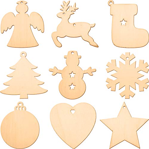 Product Cover Blulu Wooden Cutouts Christmas Ornaments Hanging Ornaments Various Patterns for Holiday Decoration and DIY Craft Making (45 Pieces)