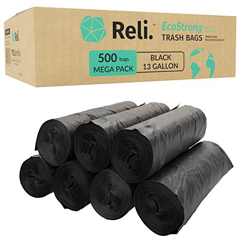 Product Cover Reli. EcoStrong 13 Gallon Trash Bags (500 Count Bulk) Eco-Friendly Recyclable - Black Garbage Bags 13 Gallon - 16 Gallon Capacity, Made of Recycled Material
