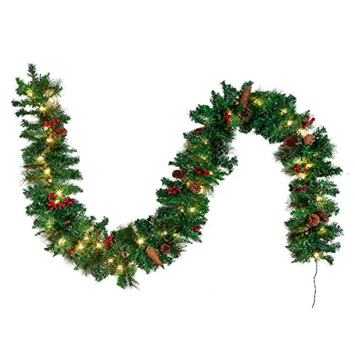 Product Cover JOYIN Premium 9 Foot by 10 Inch Artificial Christmas Garland Prelit with 50 Lights,and Silver Bristle, Pine Cones, Red Berries