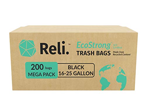 Product Cover Reli. Recyclable Eco Friendly 16-25 Gallon Trash Bags (200 Count, Black) Made from Recycled Material - 16 Gallon - 25 Gallon Black Garbage Bags