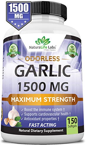 Product Cover Odorless Pure Garlic 1,500 mg per Soft Gel Maximum Strength 150 Soft gels Promotes Healthy Cholesterol Levels Immune System Support