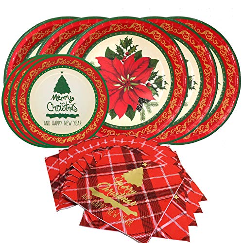 Product Cover Christmas Floral Disposable Paper Dinnerware Set-Serves 20- Includes 10 Inch Poinsettia Paper Dinner Plates，Vintage Dessert Plates and Paper Napkins