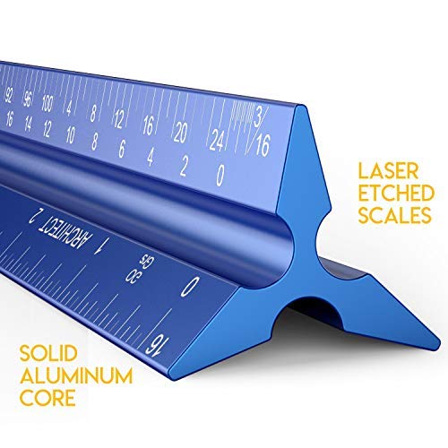 Product Cover Architectural Scale Ruler, Metal Ruler of Solid Aluminum, Great Drafting Tools with Architect Scale, Laser-Etched Ruler 12 inch Triangle for Blueprint (Imperial)