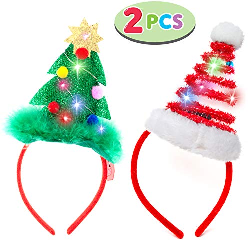 Product Cover 2 Pcs Lighted Christmas Headbands with LED lights in Springy Santa Hat& Christmas Tree Designs for Christmas and Holiday Parties (ONE SIZE FIT ALL)