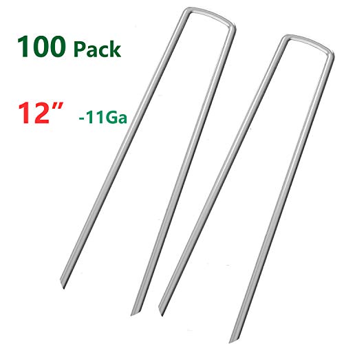 Product Cover OuYi 100 Fence Anchors 12 Inch Garden Stakes/Spikes/Pins/Pegs 11 Gauge Galvanized Steel, Anchoring Landscaping, Weed Barrier Fabric, Ground Cover 100 Pack