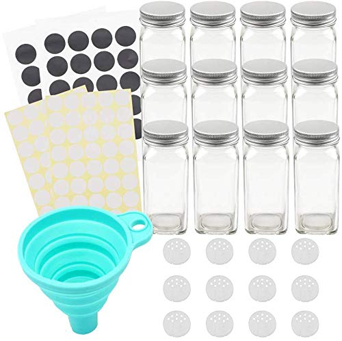 Product Cover Tebery 12 Pack Spice Jars Bottles 4oz Glass Spice Jars with Silver Metal Lids, Shaker Tops, Wide Funnel and Labels Complete Organizer Set