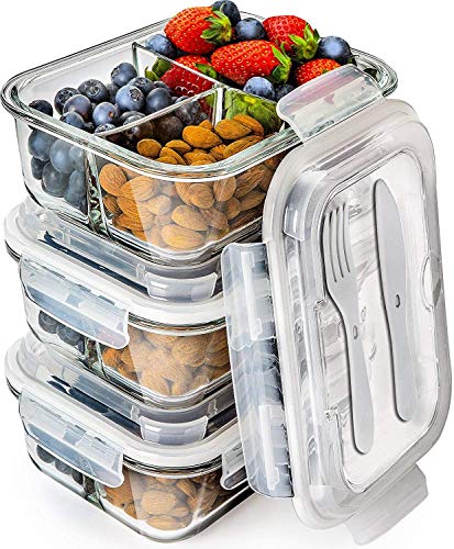Product Cover Prep Naturals Glass Meal Prep Containers 3 Compartment - Bento Box Containers Glass Food Storage Containers with Lids - Food Containers Food Prep Containers Glass Storage Containers with Lids 3 Pack