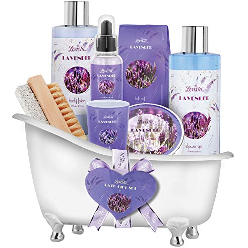 Product Cover Relaxing Lavender Spa Bath Gift Baskets for Women-Girls, Christmas, Birthday, Bath and Body Set-Kit Includes Candle, Essential Oil, Body Scrub, Bath Salt, Body Lotion, Shower Gel and Body Scrub Brush