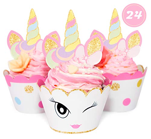Product Cover Unicorn Glitter Cupcake Toppers + Wrappers - Set of 24 by Just For Fun Shop | Girls Birthday Party Supplies - Rainbow and Gold Glitter Decorations | Cute favors for Baby Shower | Bachelorette Decor