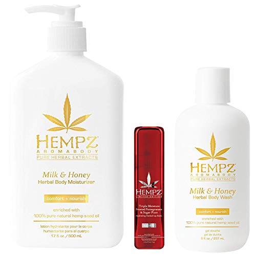 Product Cover Hempz Milk and Honey Herbal Body Moisturizer Lotion, Wash & Limited Edition Lip Balm Trio Set