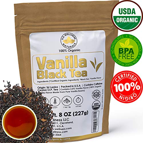 Product Cover Vanilla Black Tea, RICH & LUSTER CEYLON VANILLA Black Tea, 100% Organic Vanilla Flavor From Vanilla Beans Blended with ORGANIC Loose Leaf Tea, 110+ Cups, 8oz, OP Grade Tea, U.S.A. Packed