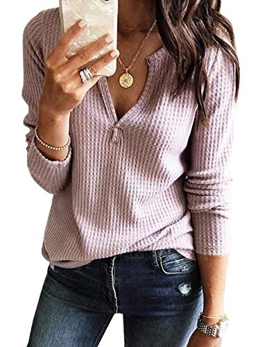 Product Cover Womens V Neck Shirts Long Sleeve Waffle Knit Loose Fitting Warm Tee Tops Pullover Sweaters