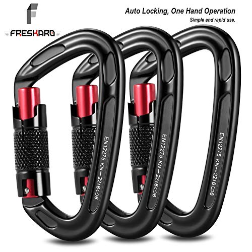 Product Cover FresKaro 3pcs Climbing Carabiners-Auto Double Locking Carabiner Clips,Twist Lock and Heavy Duty, Suit for Climbing and Rappelling, Carabiner Dog Leash, D Shaped 3.93 Inch, Large Size, Black