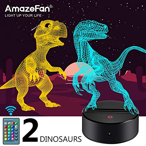 Product Cover Dinosaur Night Light for Kids - 3D Dinosaur Lamp 16 Colors Optical Illusion Touch & Remote Control with 2 Acrylic Flats Best Christmas Birthday New Year Gifts for Boys Girls Kids Baby (2 Dinosaurs)