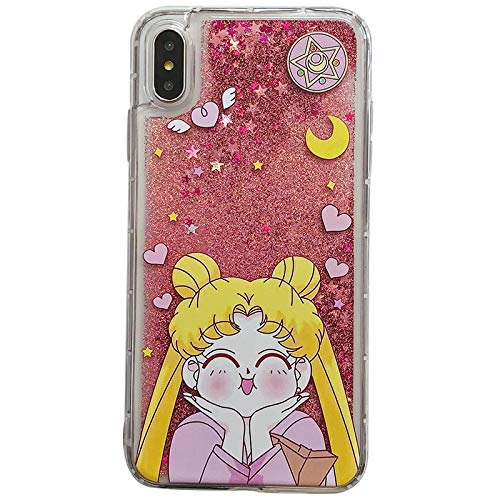 Product Cover C CASESOPHY Pink Glitter Flowing Clear Sailor Moon Case for Apple iPhone XR 6.1 Cartoon Shockproof Protective Kawaii Glittery Liquid Floating Transparent Girls Teens Women