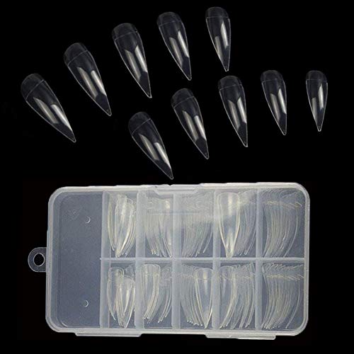 Product Cover 100pcs Stiletto Nail Tips Natural Half Cover Acrylic Artificial DIY False Nail Art Tips 10 Size with Box (Clear)