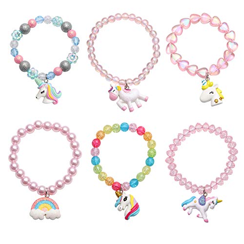 Product Cover Set of 6 Unicorn Rainbow Bracelets, Little Girl Animal Bracelets, Teens Kids Unicorn Pendant Beaded Bracelet Girl Party Favor Pretend Play Bracelet