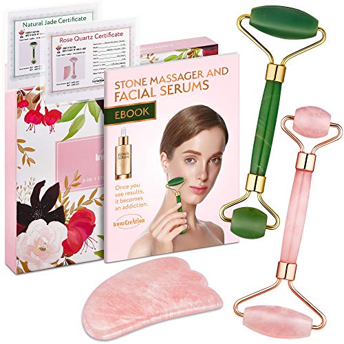 Product Cover Authentic Jade Roller, Natural Rose Quartz Roller and Gua Sha | 3-In-1 Stone Face Massager Kit