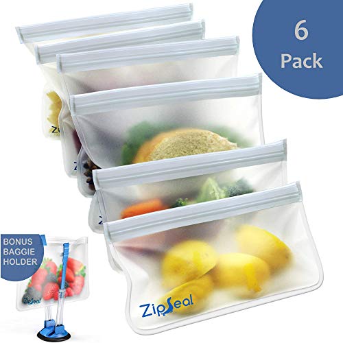 Product Cover ZipSeal Reusable Sandwich Bags | 6 Pack | Resealable Food Storage Bag | 4 Sandwich Bags + 2 Snack bags | Leak Proof Freezer Safe & Eco-Friendly | Bonus Bag Holder