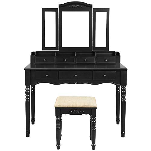 Product Cover VASAGLE Vanity Makeup Set with 7 Drawers, 2 Brush Slots and 4 Open Compartments, Dressing Table with Tri-Fold Necklace Hooked Mirror, Solid Wood Legs, Cushioned Stool, Black