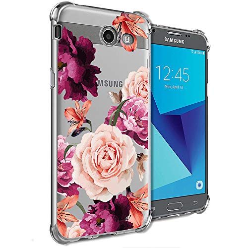 Product Cover Girly Case for Samsung Galaxy J7 Perx, J7 Prime, J7 Sky Pro, J7 V, Galaxy J7 2017 Clear with Cute Pink Flowers Design Shockproof Bumper Protective Cell Phone Cases for Girls N Women Soft Floral Cover