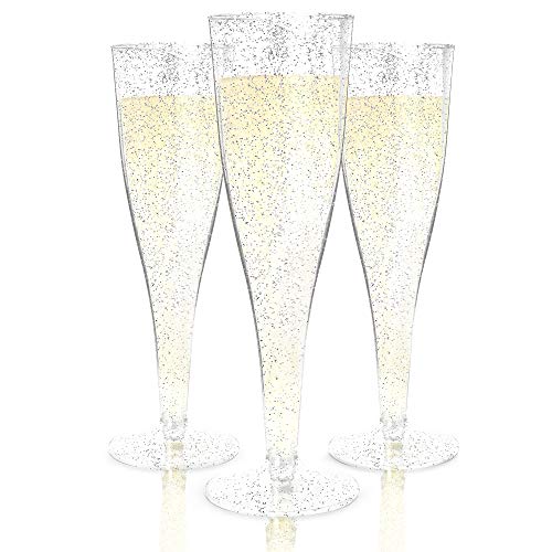 Product Cover Plastic Champagne Flutes Disposable - 100 Pack | Silver Glitter Plastic Champagne Glasses for Parties | Glitter Clear Plastic Cups | Plastic Toasting Glasses | Mimosa Glasses | Wedding Party Bulk Pack